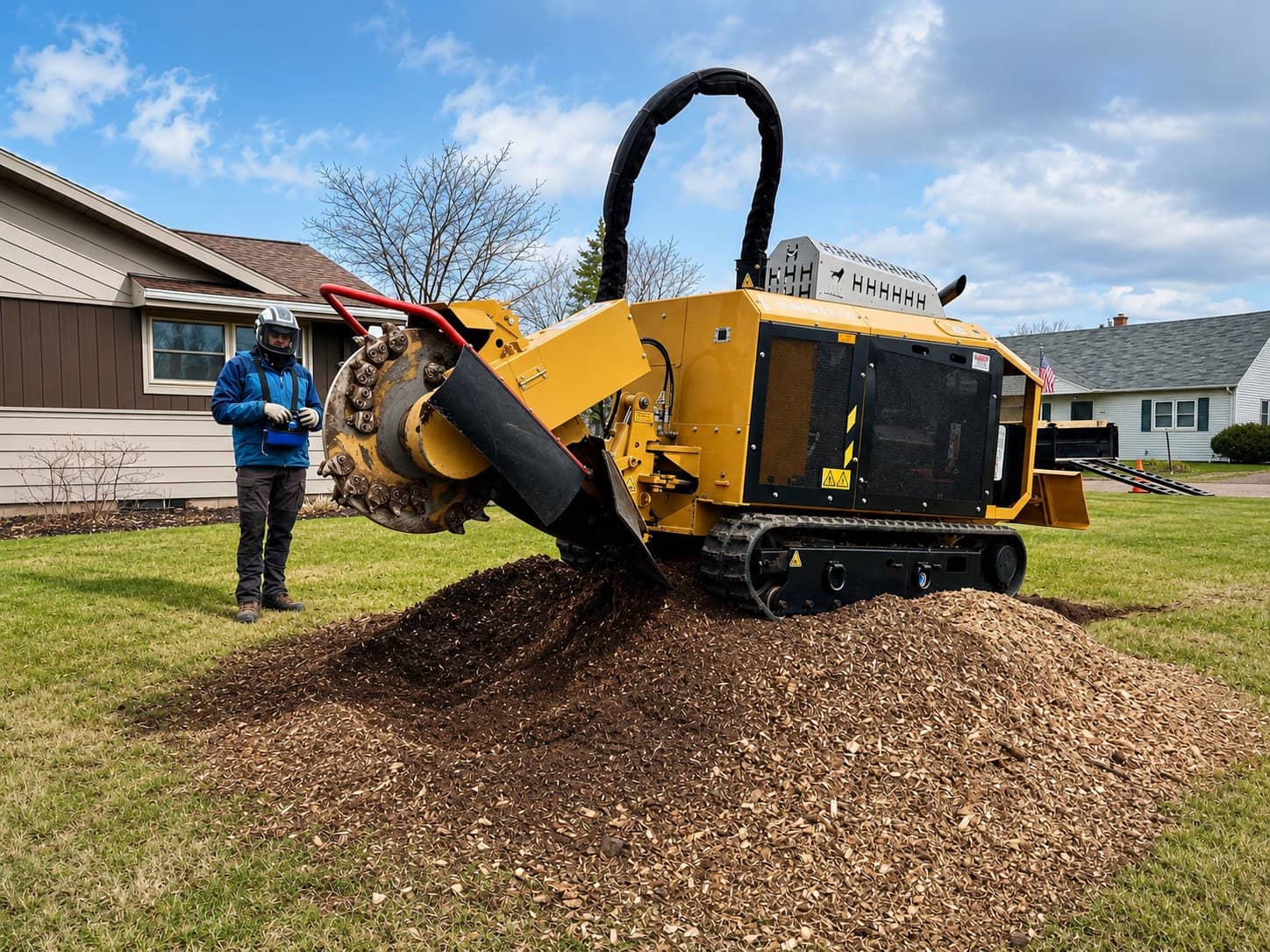 Stump grinder removing a large stump with fresh wood chips in a residential yard