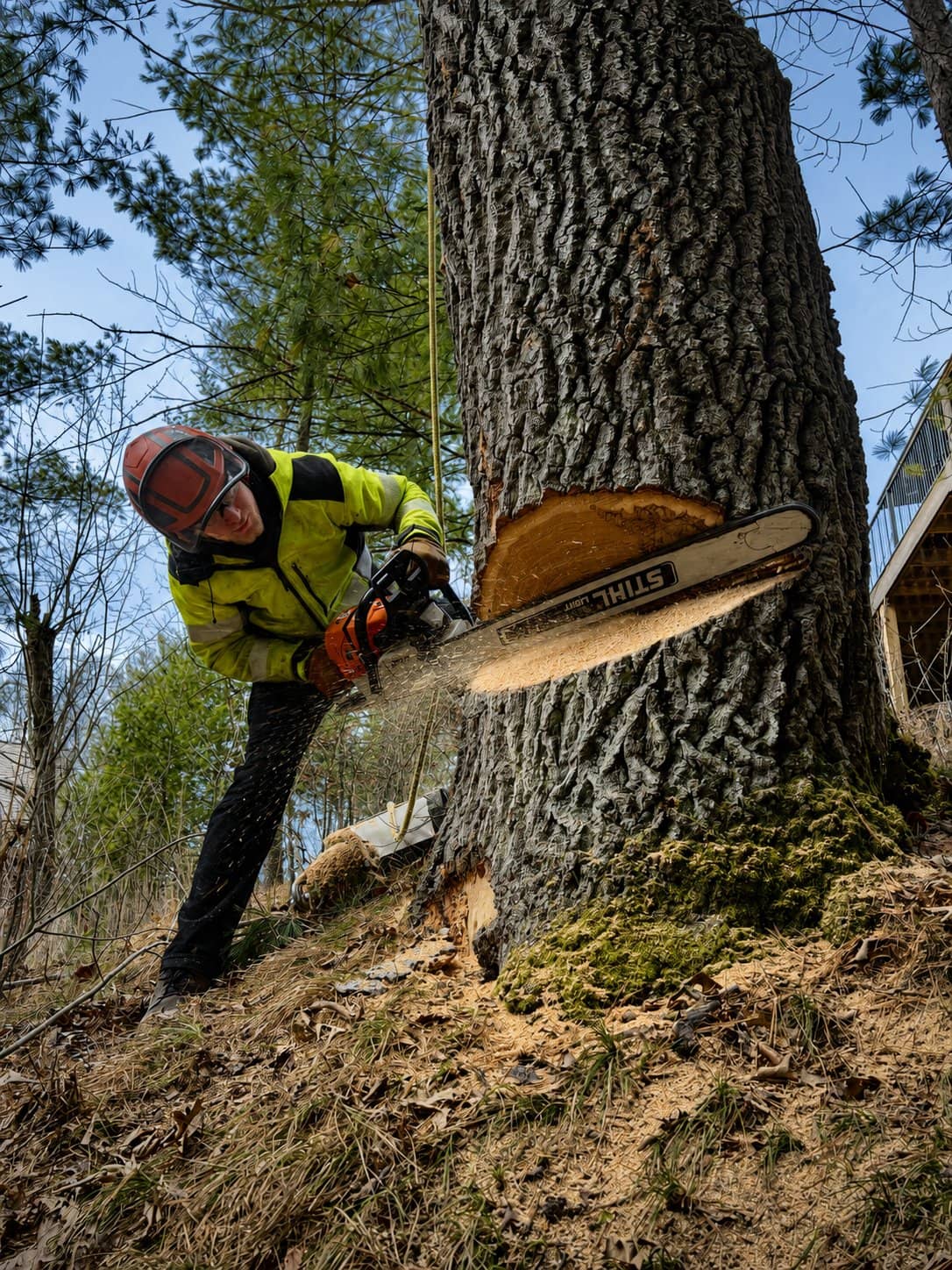 Wellner Arboriculture arborist making a precision cut on a large tree trunk