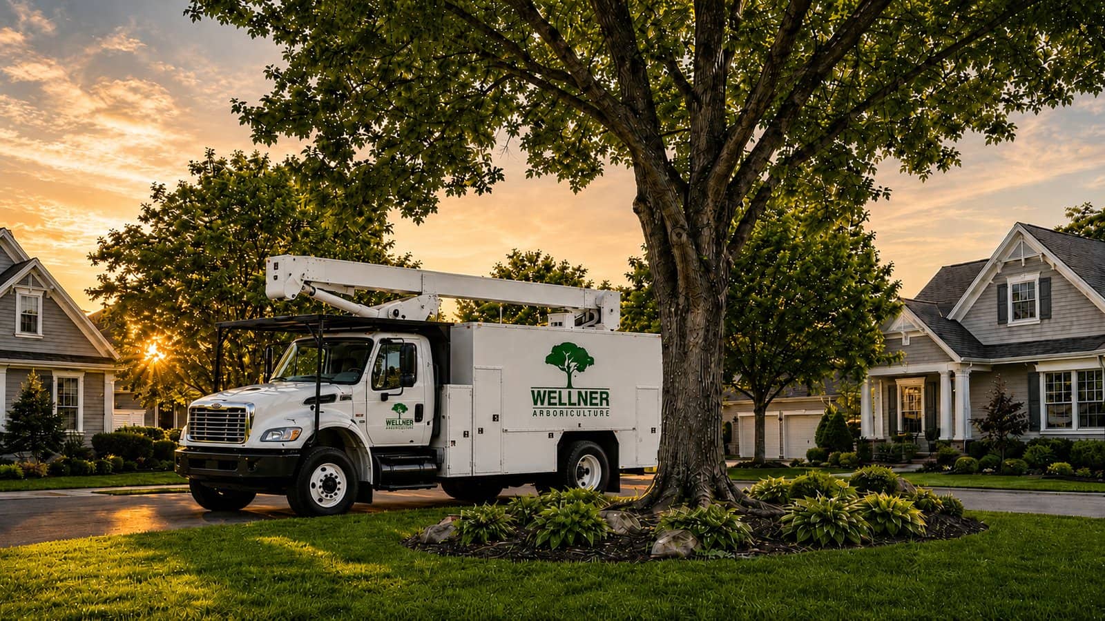 Wellner Arboriculture bucket truck parked beside a large shade tree in a residential neighborhood at sunset